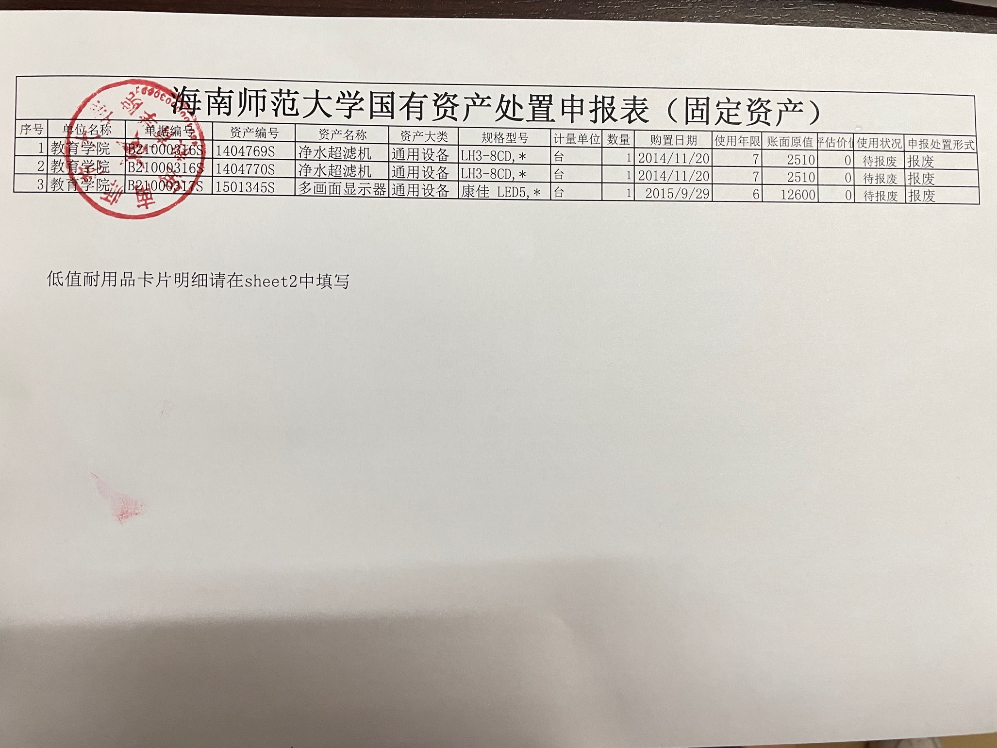 教育學(xué)院國(guó)有資產(chǎn)處置申報(bào)表(固定資產(chǎn))